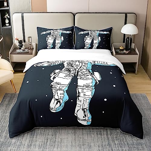 Astronaut 100% Baumwolle Bettbezug 155x220 Galaxy Tröster Abdeckung Sternenhimmel Bettwäsche Set Weltraum Solar System Universum Quilt Cover für Kinder Jungen Teens,Cartoon Navy Blue Dekorative