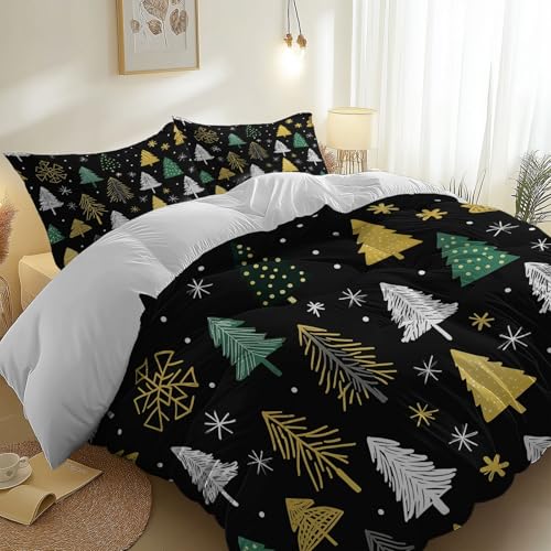 Bettbezug Reversibel Weihnachten Weihnachtsbaum Schneeflocken Thema für Jungen Mädchen, Pflegeleichte Mikrofaser Bettwäsche Set 200 x 200 cm mit Reißverschluss und 2 Kissenbezug 80 x 80 cm, Weiß