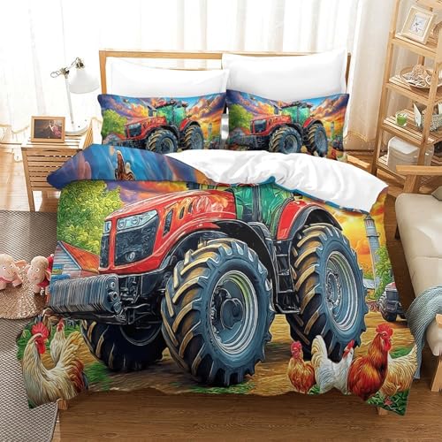 WBCFGHJKN Traktor Bettbezug 3-teiliges Set Bettwäsche Set Kinderbettwäsche Reißverschluss Mit Kissenbezügen Betten Set Für Kinder Single?135x200cm?