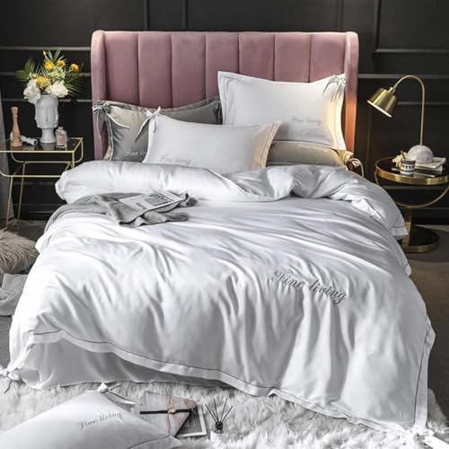 Misorat Luxuriöse Echte Seide 100% Maulbeer-Seide Bettwäsche Artikel Jacquard 4-stück Bettwäsche-Sets King-Size-Quilt-Cover-Bet t-Kissen-Kissen,White-Bet tbezug 200x230cm/Bettlaken 245x250cm