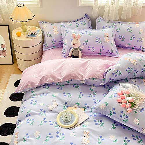 Koudi Mädchen Bettwäsche 135x200 Blumen Lila Violett Tulpe Motiv Wendebettwäsche Weiche Microfaser Bettbezug Set Bunny Bettdeckenbezug mit Reißverschluss und 80x80cm Kissenbezug