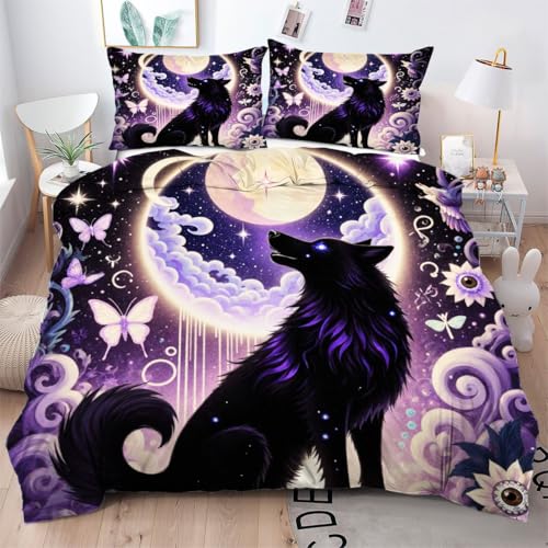 Gumntun Bettwäsche 200×200 cm Lila Schmetterling Schwarzer Wolf, Weiche Angenehme Bettbezug-Set, Microfaser Bettdeckenbezüge und 2 Kissenbezüge 80 x 80 cm für Doppelbett_B5417