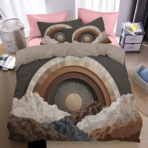 Bettwäsche 240*220cm Erdfarben Moderne Bohème-Kunst Bettbezug Set 3 Teilig Kreisförmige Farbverlaufslinien Blümchen Blumenmuster Weich Bettwäsche-Sets mit 2 Kissenbezüge 80x80 cm und Reißverschluss