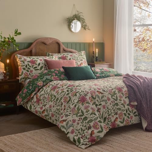 furn. Wylder Nature Beatrice Bettbezug-Set – Wendbarer Blumen-Vintage-Landschaft sdruck mit Rotkehlchen-Detail (Mehrfarbig – Super King)