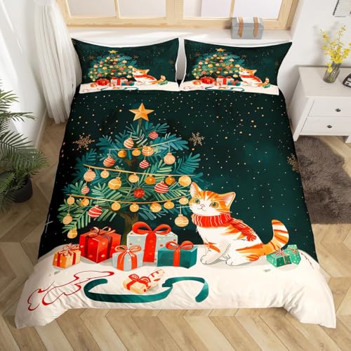 Homemissing Kinder Weihnachten Bettwäsche Set 135x200cm Nette Katze Weihnachten Bettwäsche-Set für Jungen Mädchen Cartoon Tiere Betten Atmungsaktiv Zimmer Dekor Bettbezug