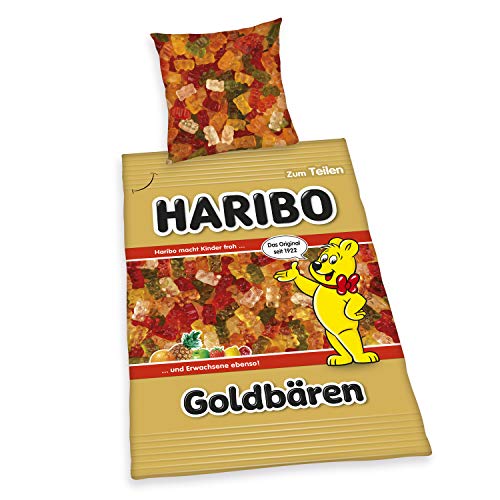 Herding Haribo Goldbärentüte Bettwäsche-Set, Wendemotiv, Kopfkissenbezug 80 x 80 cm, Bettbezug 135 x 200 cm, Mit leichtläufigem Reißverschluss, Baumwolle/Renforcé