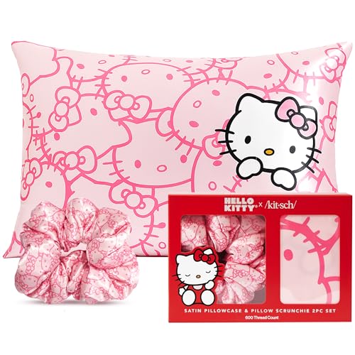 Kitsch Hello Kitty Satin Kissenbezug, weicher als Seide für Haare und Haut, maschinenwaschbar, faltenfrei, Standardgröße, und Satin Scrunchies, ohne Haarschaden, Pinke Kitty-Gesichter, 2-teiliger Set