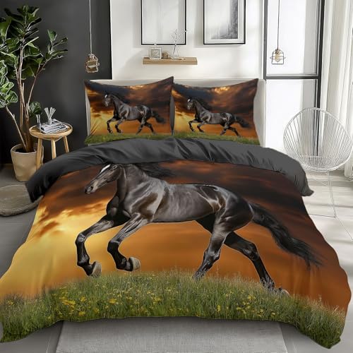 XCQHZYQ Kinderbettwäsche 135x200 cm Grastier Schwarzes Pferd 3 Teilig Bettwäsche Bettbezug Set Polyester Baumwolle Bettbezüge für Kinder Jungen Mädchen, Bettwäsche Set Kissenbezug