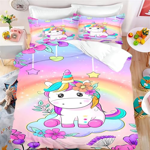 Fadaing Einhorn Bettwäsche 135x200 Regenbogen-Einhorn Bettbezug Für Kinder, Cartoon-Einhorn-Pferd Weiche Mikrofaser Bettwäsche Set Mit Reißverschluss Und 2 Kissenbezügen (13,Double 200 X 200 cm)