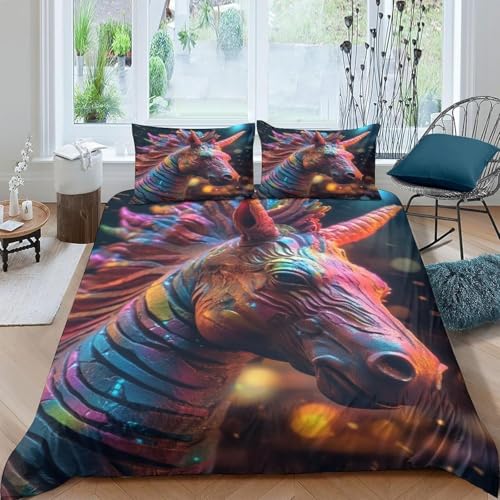 Tier Einhorn Pferd 3D Muster Bettbezug Set 200X200 Cm Bettwäsche Bett Mikrofaser Hypoallergen 3 Stücke Bettwäsche-Sets Mit 2 Kissenbezug Für Jugendliche Erwachsene Einzelnes Doppelbett -63968806173239