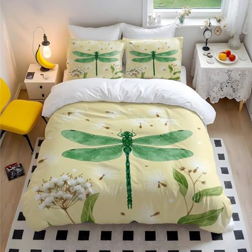 Bettwäsche-Set mit blauem Libellen-Motiv, Pusteblumen-Motiv, Aquarell-Bettbezug, elegantes botanisches Bettwäsche-Set mit 2 Kissenbezügen (2, Doppelbett + 80 x 80 cm x 2)