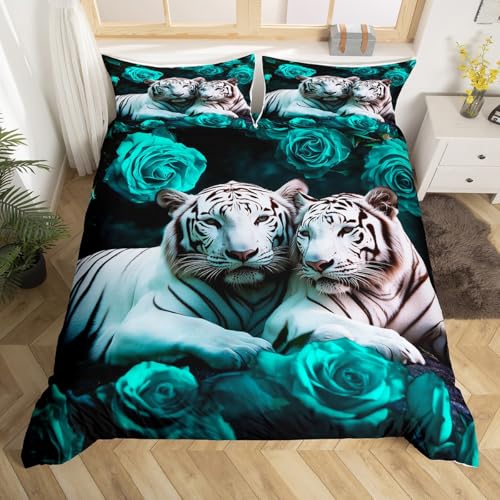 Homewish Weißer Tiger Bettwäsche 135X200 Kinder, Waldtiere Bettbezug Set für Mädchen Jungen, Hellblaue Dekorativ Blumen Gemütlich Weich Polyester Einfache Pflege Bett Set Mit 1 Kissenbezug