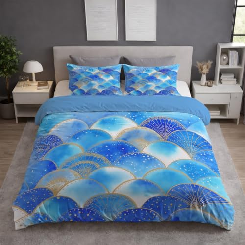 Generisch Bettwäsche 200x200 3teilig - Mikrofaser Bettbezug 200x200 cm mit 2 Kissenbezug 80x80 cm, Wendebettwäsche, ultraweich und hautfreundlich, Blau, Aquarell Elegant Fischschuppenmuster