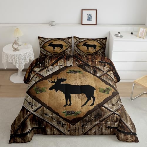 Elch-Bettwäsche-Set, King-Size-Größe, 3-teilig, Scheunentür-Holzstreifen , rustikale Bauernhaus-Bettwäsche, Tröster für Kinder, Teenager, Erwachsene, Cartoon-Stammes-Pfeil, Wildtierpflanzen,
