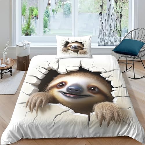VesFy Bettzeug Kunst-Faultier Bettwäsche Kissenbezüge Steppen Niedliches Faultier Bettbezug MikrofaserBettdecke Decken Set 2 Teilig 3D Druck Foto Bettzeug Für Kinder Schlafzimmer Single?135x200cm?