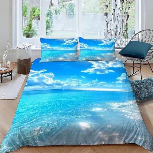 Blauer Meer Bettwäsche 155x200 cm Kinder Bettwäsche-Set 3D Weißer Wolkenhimmel Bettbezüge Weiche Kuschelig Mikrofaser Bettbezug mit Reißverschluss und 2 Kissenbezüge 80x80 cm c.272