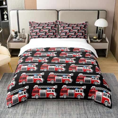 Feuerwehrwagen 100% Baumwolle Bettbezug für Kinder Rote Feuerwehr Zubehör Muster Bettwäsche Set Leiter Feuerlöscher Feuerwehr Hydrant Tröster Abdeckung Feuer Thema Bett Sets mit 2 Kissenbezüge,200x200