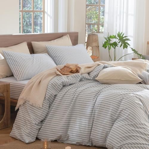Lanqinglv Bettwäsche 200x200 Baumwolle Gestreift Blau Weiß,100% Renforce Baumwolle Bettwäsche Set mit Reißverschluss,ÖKO-TEX Bettwäsche für Allergiker Geeignet,1 Bettbezug & 2 Kissenbezug 80x80 cm