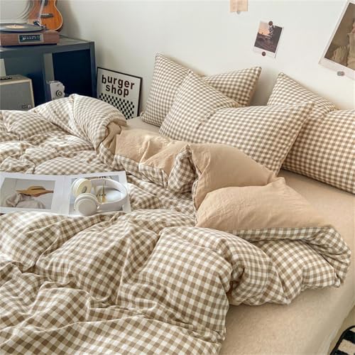 Covebett Beigefarbenes Gingham-Bettwäsche-Set, für Doppelbett, Beige/Braun, Gingham-Karo-Muster, kariert, modern, gewaschene Mikrofaser, Bettdeckenbezug 200 x 200 cm mit Reißverschluss und 2