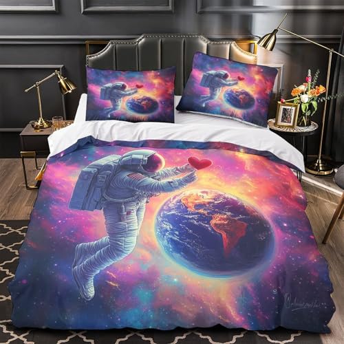 WLASDBOCP Astronaut hält Herz 3D Bedruckt Bettbezug 3teilig Mikrofaser atmungsaktiv Weltraumfantasie Bettdeckenbezug 2 Kissenbezüge Reißverschluss Jungen Mädchen Super King?260x220cm?