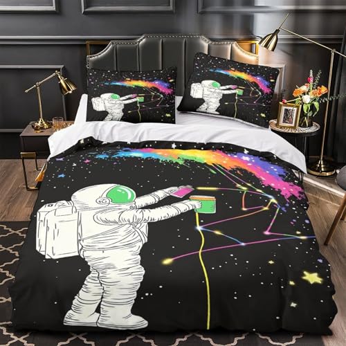 FPAKAKIIE Astronauten-Sprühfarbe 3D Bedruckt Bettbezug 3teilig Mikrofaser fleckenfest Der Raum ist lebendig Bettdeckenbezug 2 Kissenbezüge hautfreundlich Familienzimmer Deko (135x200cm)