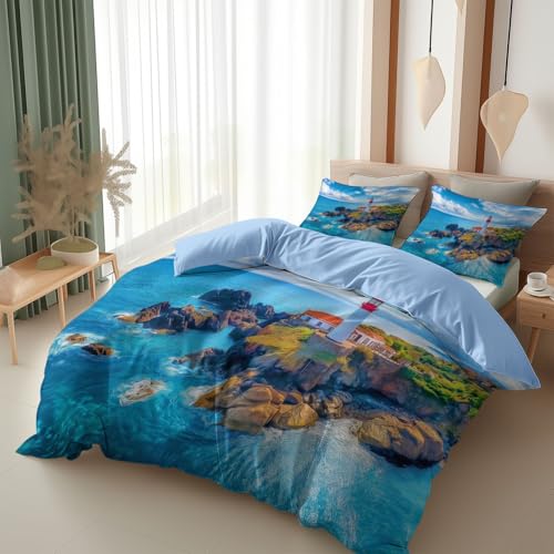 Srigzcaly Bettwäsche Set 155 x 220 cm Wende Atmungsaktive Bettbezug Set für Kinder Jungen Mädchen, Hellblau - Küste & Leuchtturm Foto - Weich Flauschige Bügelfrei Deckenbezug mit Reißverschluss