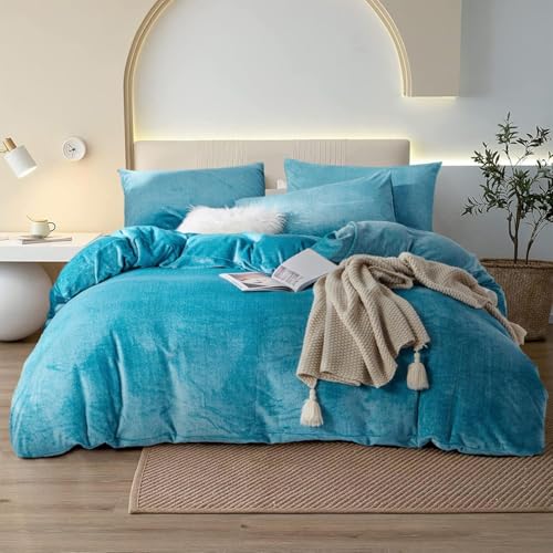 YASMENG Warme Winter Bettwäsche 135x200cm Türkis Flauschige Plüsch Bettwäsche Super Weich & Kuschlig Hochwertige Bettbezug Set mit Reißverschluss und 1 Kopfkissenbezug 80x80cm