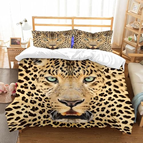 EXSANLIEAY Tiergesichter Bettwäsche-Sets 200x220 cm Leopard Bettbezug Kreatives 3D Effekt Weich Microfaser Deckenbezug mit Reißverschluss und 2 Kissenbezug 80x80 cm