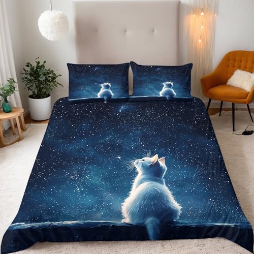 Bettwäsche 135x200 cm 3D Sternenhimmel Tier Katze Druck Kinder Bettwäsche-Sets 3teilig Mikrofaser Bedding Bettbezug 135x200 Weich Bettbezüge + 2 Kissenbezüge 80x80 Mit Reißverschluss Eckbinder