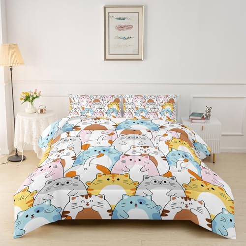 HOTRCR 3-teiliges süßes Cartoon-Katzen-Bettwäsch e-Set, bezauberndes Katzen-Bettwäsche-Set für Mädchen und Erwachsene, Schlafzimmer- oder Raumdekoration, Ganzjahresdecke, Mikrofaser-Steppdecke mit 2
