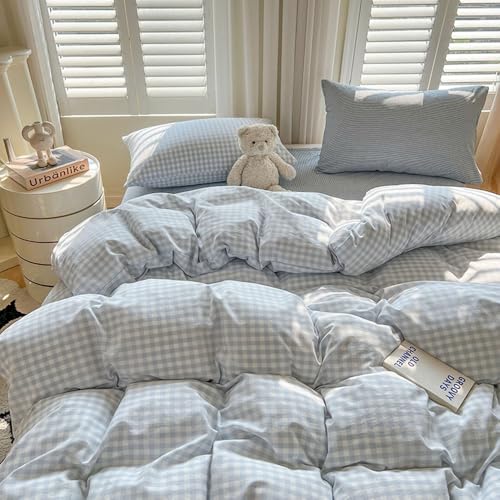 Michorinee Bettwäsche 135x200 Blau Kariert Landhausstil Bettbezug Set 2 Teilig Blau Weiß Karo Geometrische Muster Mikrofaser Weich Renforcé Bettwäsche-Sets mit Reißverschluss und Kissenbezüge 80x80 cm