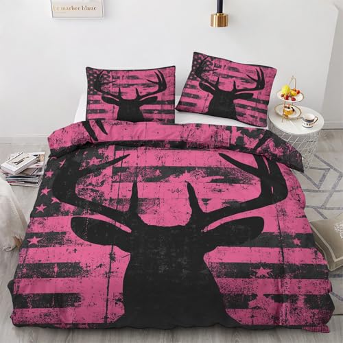 Generisch Bettwäsche 140x200 Hirsch Bettwäsche-Set Rosa Flagge USA Bettbezug Winter Weiche Mikrofaser Bettbezug 140 x 200 2tlg, 1 Kissenbezug 70x90, mit Reißverschluss, Schlafzimmer Deko