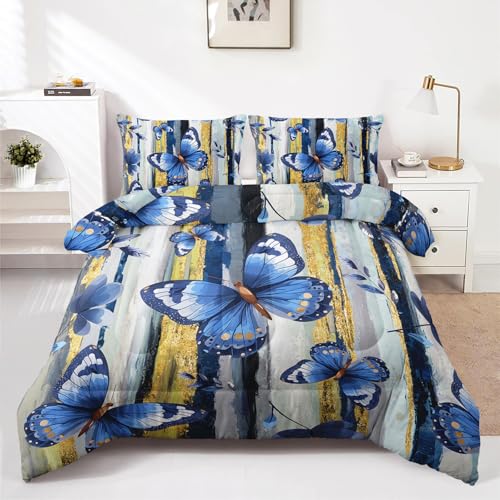 3-teiliges Bettwäsche-Set mit Schmetterlings-Motiv, blaues Schmetterling-Bettwäsche -Set für Mädchen und Erwachsene, Schlafzimmer- oder Raumdekoration, Ganzjahresdecke, Mikrofaser-Steppdecke mit 2