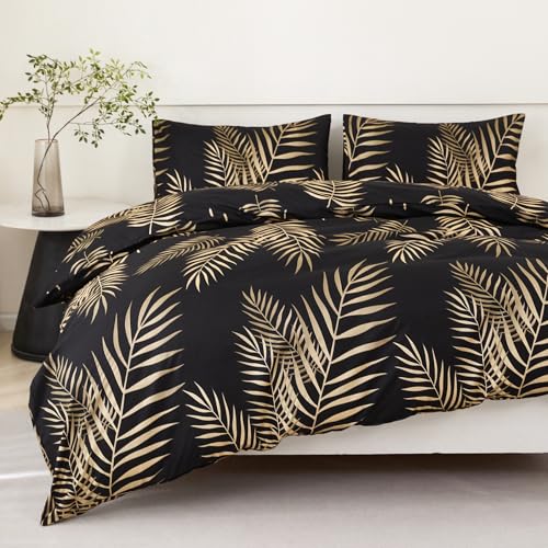 Jemiipee Bettwäsche 135x200 cm Schwarz Gold, Bettwäsche-Set mit Tropisches Blattmuster, Bettbezug 135 x 200 Kissenbezug 80x80, Deckenbezug Wendebettwäsche Weich mit Reißverschluss Jemiipee Bettwäsche 135x200 cm Schwarz Gold, Bettwäsche-Set mit Tropisches Blattmuster, Bettbezug 135 x 200 Kissenbezug 80x80, Deckenbezug Wendebettwäsche Weich mit Reißverschluss