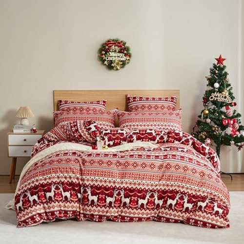Luowei Wärme Weihnachts Bettwäsche 155x220 cm Rot Komfort Exquisite Muster Bettwäsche Set Mikrofaser Winter Thema Bettbezug Reißverschluss und 2 Kissenbezug 80x80 cm