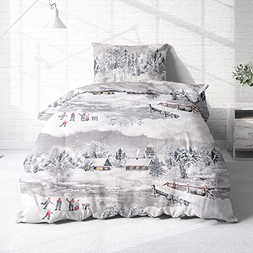 Träumschön Biber Bettwäsche Set 2tlg 155x220 cm + 80x80 cm – Flauschige Winterbettwäsche Silber – Weiche Winterbettwäsche mit Schneelandschaft - Atmungsaktiv, Warm & Hautfreundlich - 100% Baumwolle