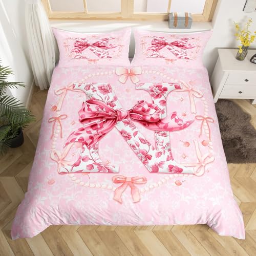 Homewish Teen Mädchen Kokette Bogen Bettwäsche Set 135x200 Fantasy Rosa Anfangsbogen Bettbezug Monogramm N Bettwäsche mit Schicken Blumen Mädchen Rose Blume Bogenknoten Bett Set (N)