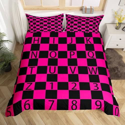 Homemissing ABC-Nummer Bettwäsche Set 200x200cm Schecked Alphabet Bettbezug mit Reißverschluss Hot Pink Schwarz Plaid mit 2 Kissenbezüge 26 Englische Buchstaben Bettwäsche-Set
