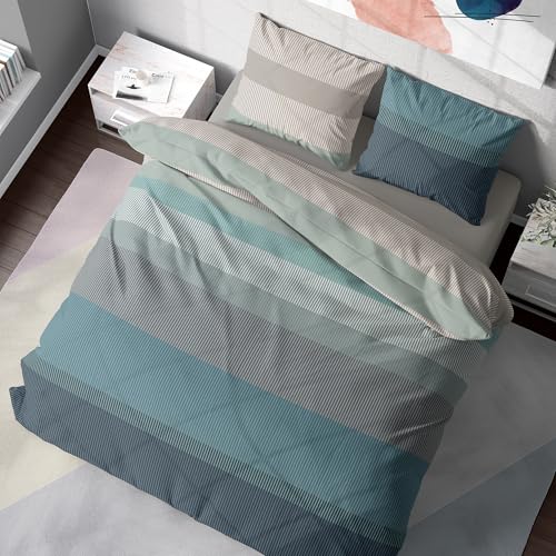 DILIOS Premium Bettwäsche 135x200 – 100% Baumwolle, ÖKO-TEX Zertifiziert, Renforcé, Atmungsaktiv & Antiallergisch, mit Reißverschluss, 2teilig – Bettbezug + Kissenbezug 80x80, Blau, Hellblau,Weiß