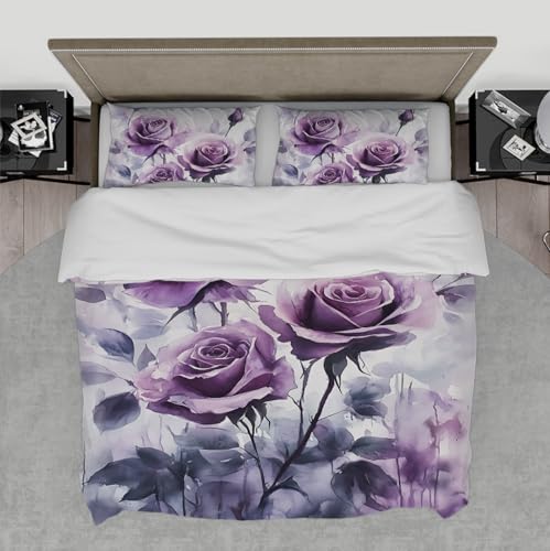 LANDERSION Valentinstag Bettbezug Romantische lila Rosen Paar Bettbezug Lila botanische Blumenliebhaber weiches atmungsaktives Bettwäsche Set für Erwachsene 140x200cm
