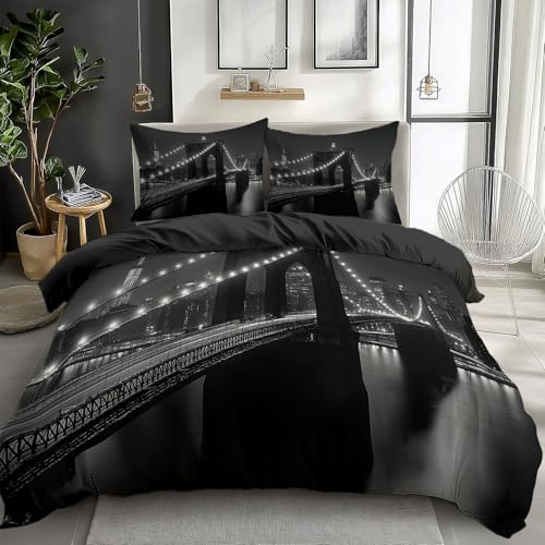 Schwarz Bettwäsche Set 3 Teilig 155 x 220 cm, Weiche Mikrofaser Bettbezüge - Foto Stadt Architektur Bettbezug mit 2 Kissenbezug Pflegeleicht für Jugendliche Kind Junge Mädchen