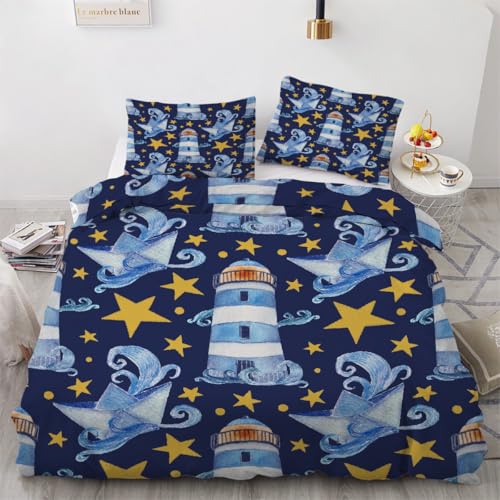 Tovast 3D Leuchtturm Bettwäsche 155x220cm 3teilig Weich Mikrofaser Wendebettwäsche Ozean Thema Bettbezüge Set mit ReißVerschluss Wendebettbezug mit 2 Kissenbezüge 80x80(Image 8-3)