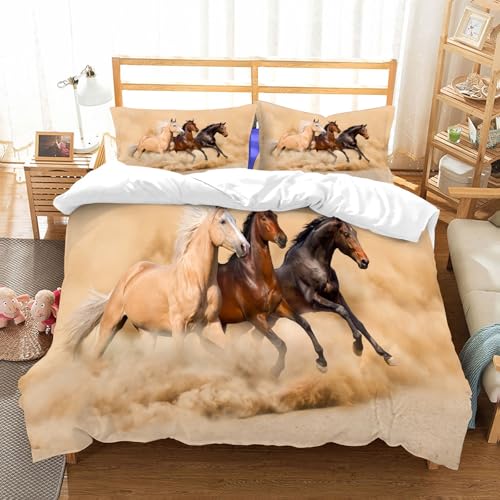 MYAUEYSU Bettwäsche Set 100% Baumwolle ist,Pferde, DREI Pferde rennen im mythischen Mysti Desert Storm,und allem auch für Personen mit Hautsensibilisierung empfohlen 152x203cm