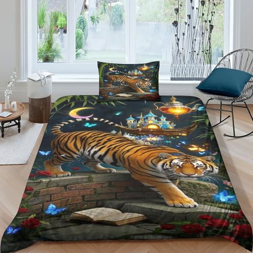 CHUIYUFULAN Tiger Bettbezug Set Bettwäsche Kinderbettwäsche Reißverschluss Mit Kissenbezügen, Betten Set Für Jungen Und Mädchen, Kinder Single?135x200cm?