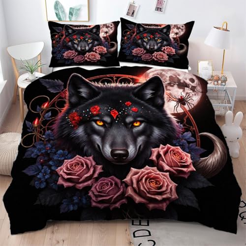 Gumntun Bettwäsche 155×220 cm Schwarzer 3D-Wolf Rose, 3 Teilig Bettbezug für Doppelbett mit Reißverschluss, Deckenbezug für Jugendliche Teenager Erwachsene, 2 Kissenbezüge 80×80 cm_B7090