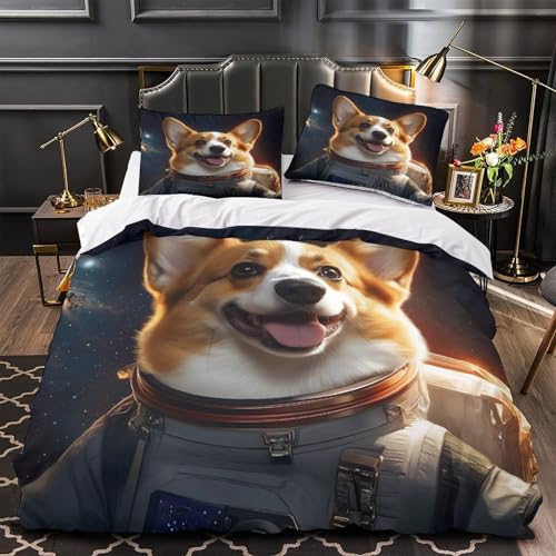 CTYQKZVPM Corgi-Astronaut 3D Bedruckt Bettbezug 3teilig Mikrofaser farbbeständig Weltraumabenteuer Bettdeckenbezug 2 Kissenbezüge fleckenfest Paarzimmer Deko Double?200x200cm?