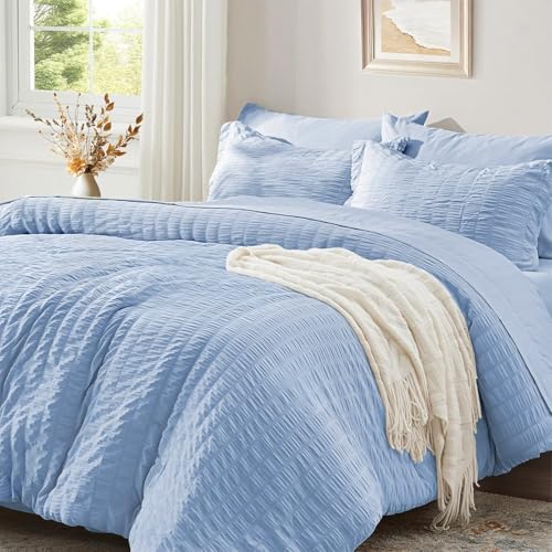 Luofanfei Seersucker Bettwäsche 155x220 Blau Hellblau Gestreift Sommer Unifarben Wende Bettwäsche Set Microfaser Atmungsaktiv Leicht Bettbezug Einzelbett und Kissenbezüge 80x80 mit Reissverschluss