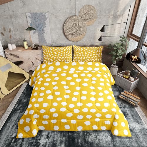 Erosebridal Böhmische Punkte-Bettwäsche-Set, Queen-Size-Größe, geometrische Punkte, Bettwäsche-Set für Kinder, Herren, Damen, Bauernhaus, exotisch, gelb, weiß, Steppdecke für alle Jahreszeiten