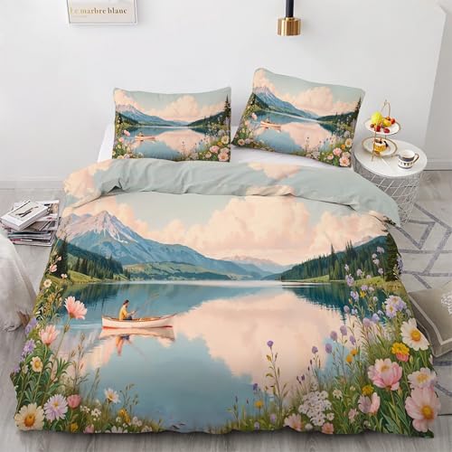 BSYYZQC Bettwäsche 160x200 Kleine Blume Bettbezug Wolken Bettwäsche-Sets Mikrofaser, 1 Bettbezüge und 2 Kissenbezüge 80x80 cm, Bettwaesche 3 Teilig Mit ReißVerschluss