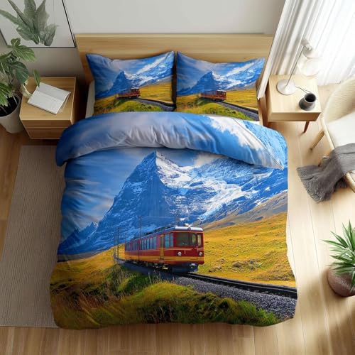 Buohwiwe Bettwäsche 135x200 4teilig Zug Schneeberg Bettbezug 135 x 200 cm Partnerbettwäsche-Set 3D Europäische Landschaft Weich Mikrofaser Wendebettwäsche mit Reißverschluss und 2 Kissenbezüge a.4825